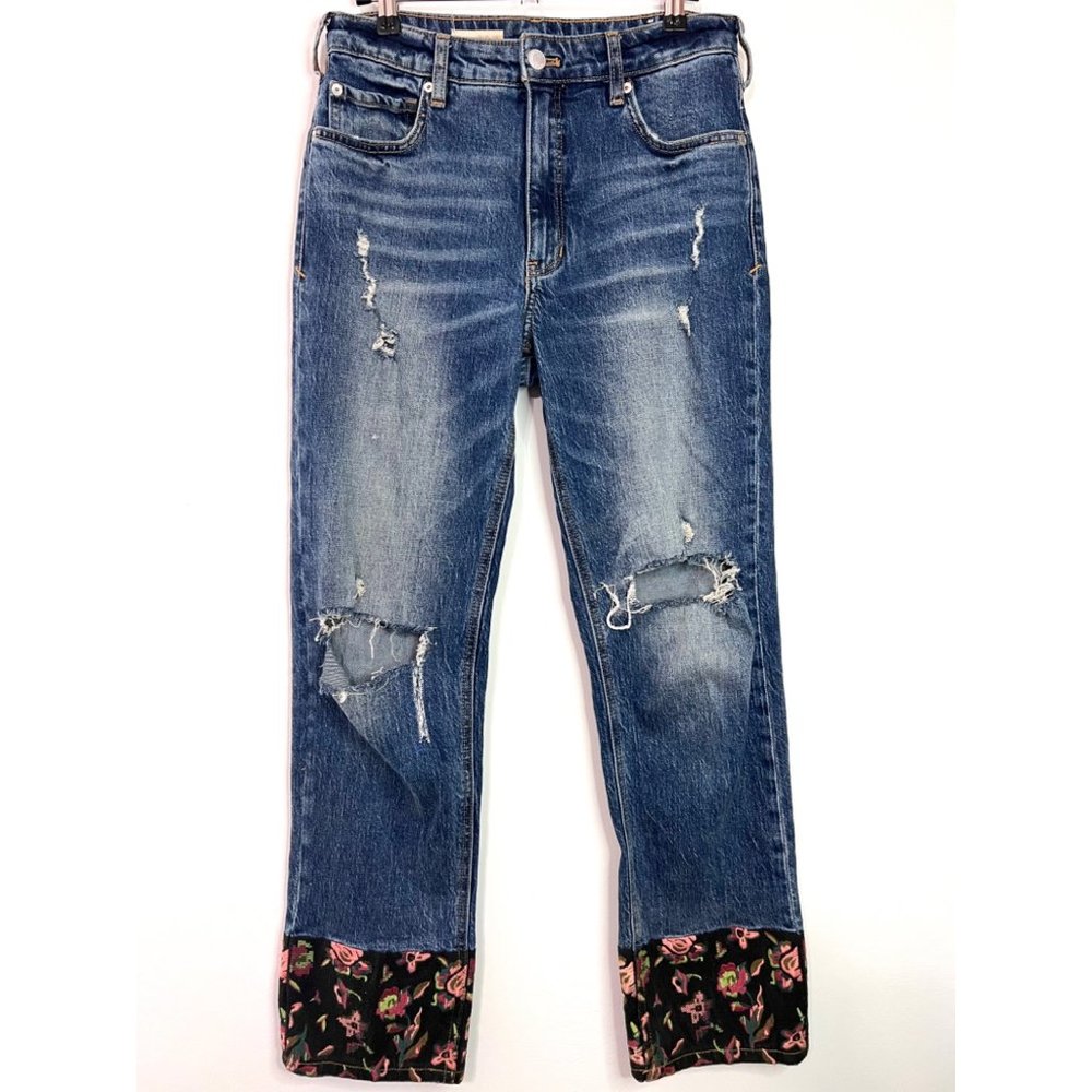 Pilcro Blue Straight Leg Jeans with Floral Cuffs